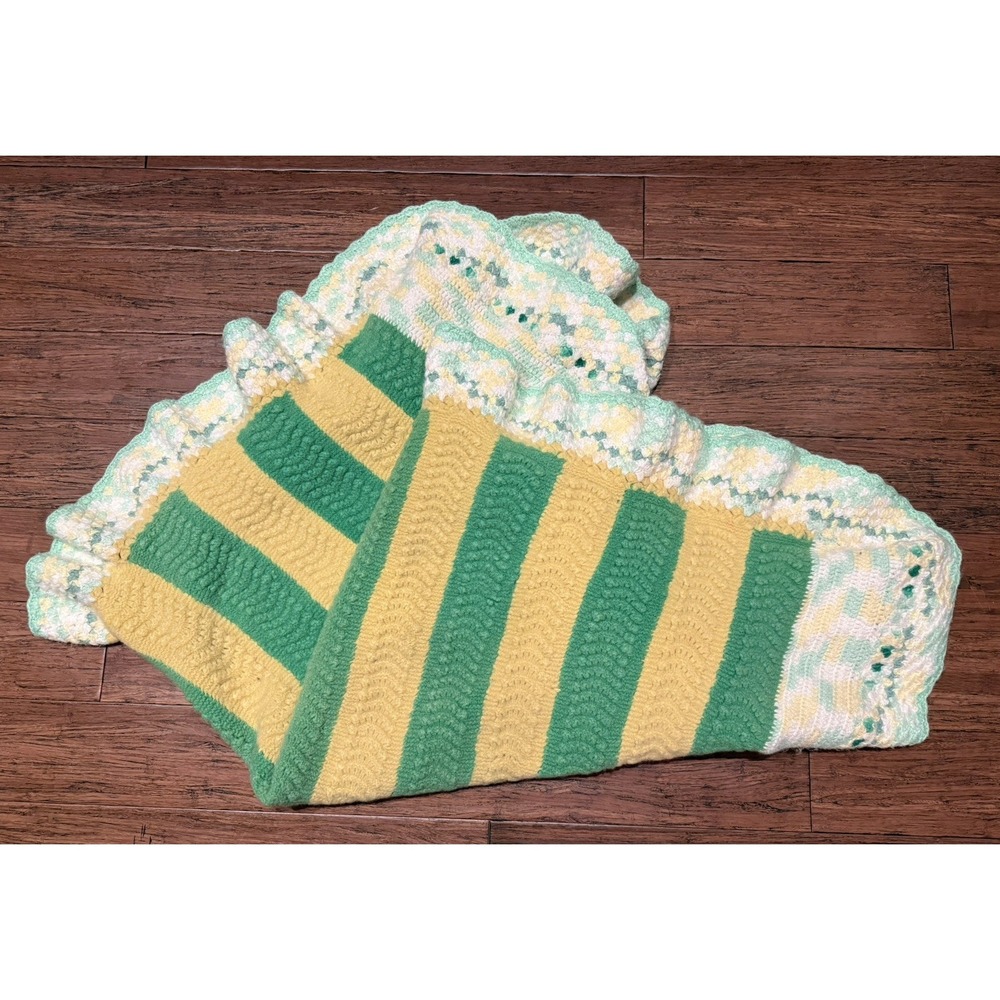 Vintage‎ Handmade Crochet Wool Afghan crib toddler green yellow striped